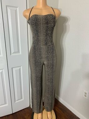 Snake-Print Strapless Jumpsuit in Gray